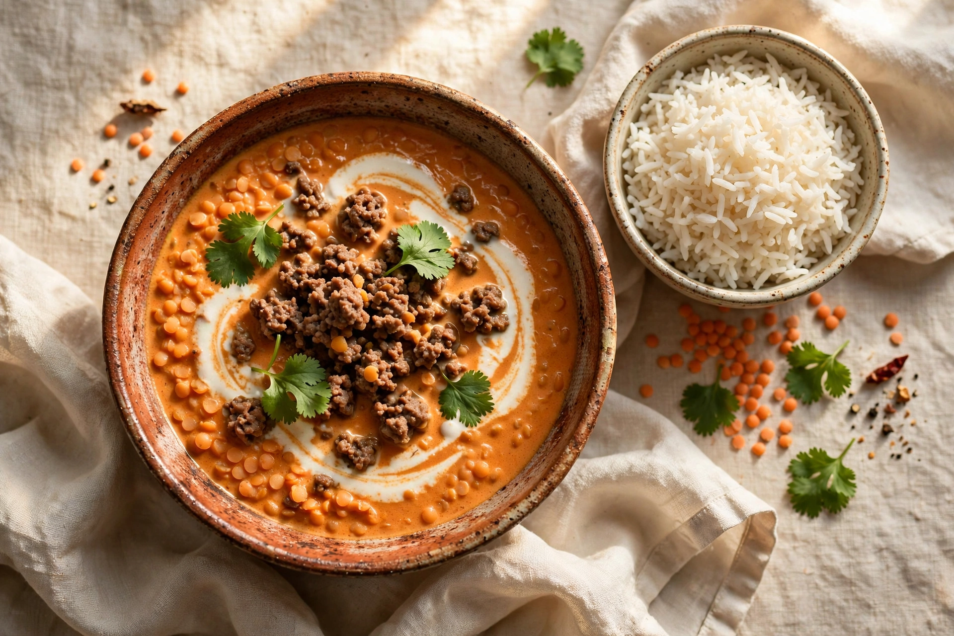 Creamy coconut red lentil curry with ground beef